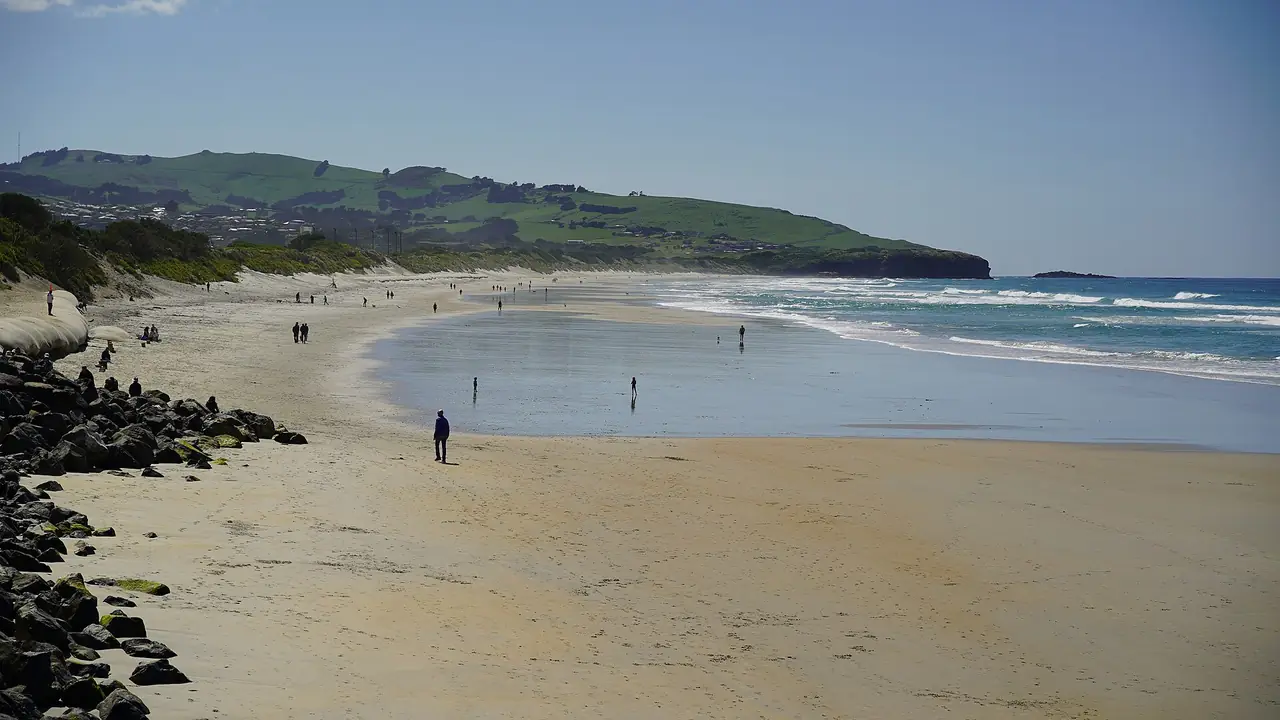 ชายหาด St Clair ใน Dunedin ทรายกว้างและคลื่นเข้าฝั่ง ภาพจาก Wikimedia Commons ผู้ถ่าย Alexeyevitch สัญญา CC BY-SA 4.0 ถ่ายปี 2024