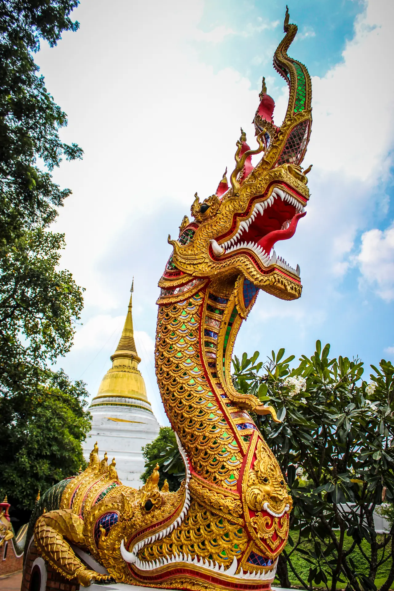 พญานาคทองที่ราวบันไดทางขึ้น มีพระบรมธาตุยอดทองอยู่ด้านหลังซ้าย ภาพของ Ritthichai Siangdee จาก Wikimedia Commons สัญญา CC BY-SA 4.0